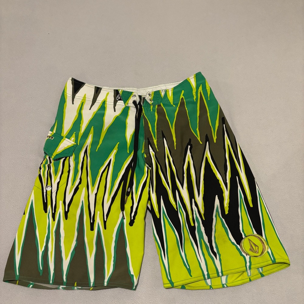 Volcom Swim Trunks Boardshorts Mens 34 Green Zigzag Geometric Y2K Beach Grunge